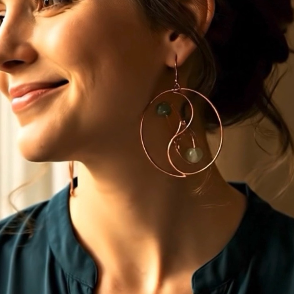 Handmade Yin Yang Copper & Gemstone Earrings – 4” Statement Drops
